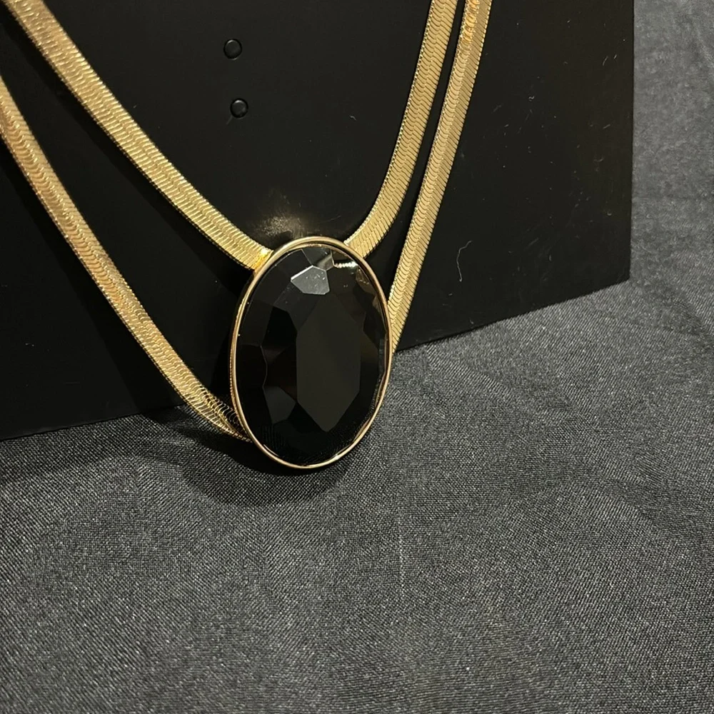 Thalia Sodi Statement Necklace Women's Gold-Tone Large Black Stone Doubl…